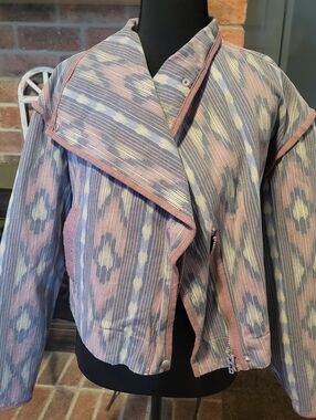 Allison Daley Pastel Ikat Draped Jean Jacket - Pink & Blue